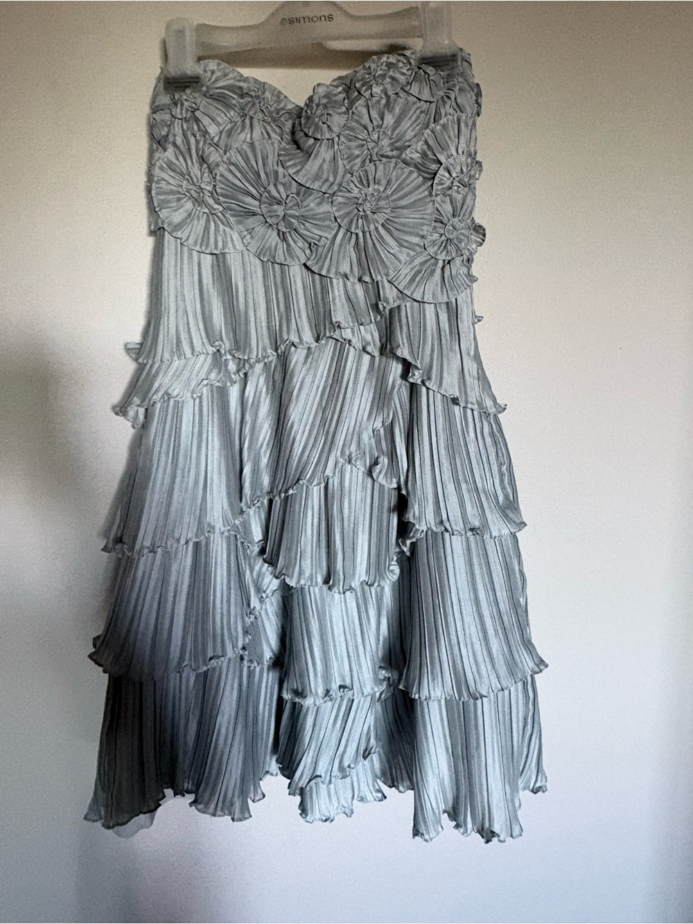 BCBGMaxAzria Strapless Pleated Tiered Ruffle Dress in Light Gray